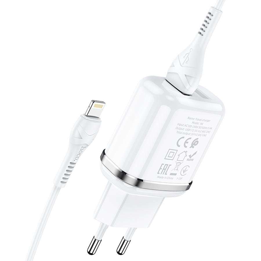 Сетевое зарядное устройство HOCO N4 Aspiring 2xUSB с Кабелем USB - Lightning, 2.4A, 10.8W, белый