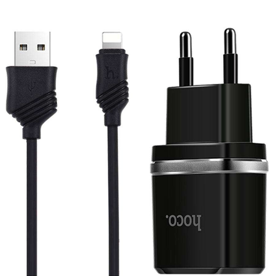 Сетевое зарядное устройство HOCO C12 Smart 2xUSB с Кабелем USB - Lightning, 2.4A, черный