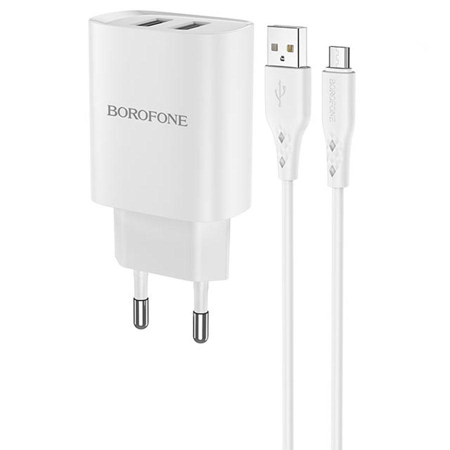 Сетевое зарядное устройство BOROFONE BN2 super fast 2xUSB с Кабелем USB - Micro, 2.1A, белый