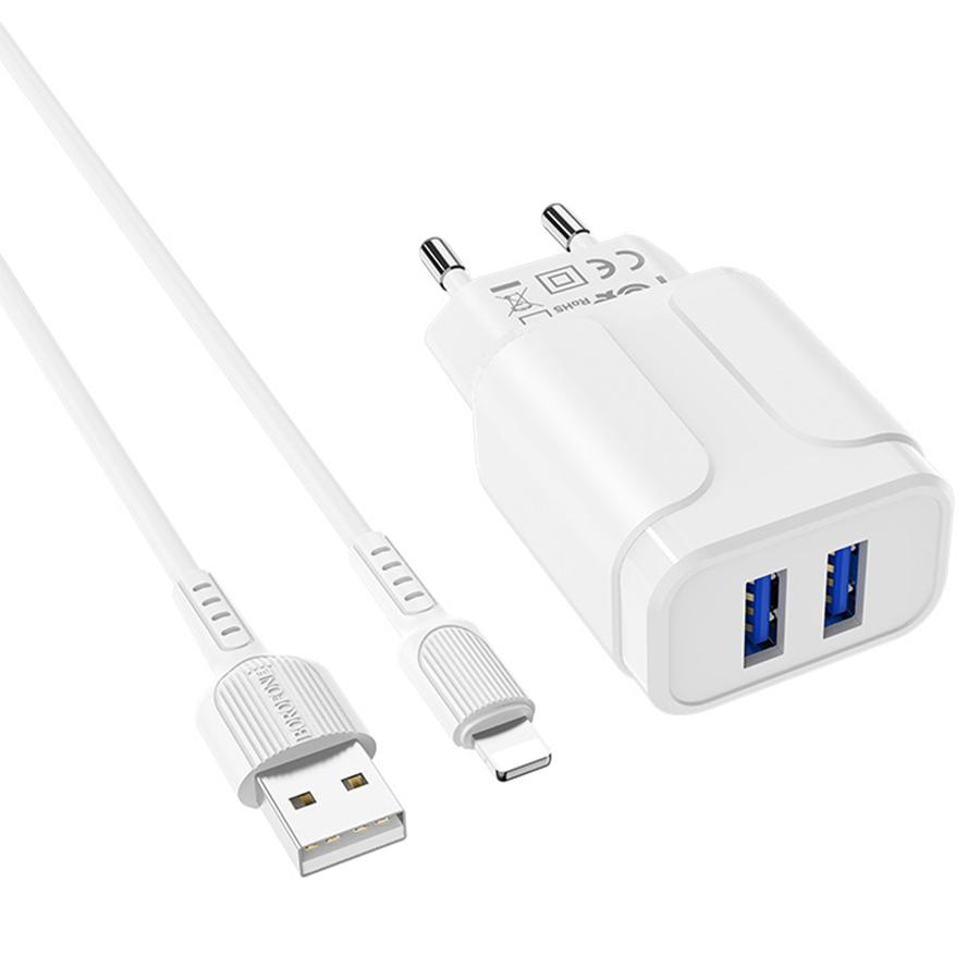 Сетевое зарядное устройство BOROFONE BA37A Speedy 2xUSB с Кабелем USB - Lightning, 2.4A, 10.8W, белый