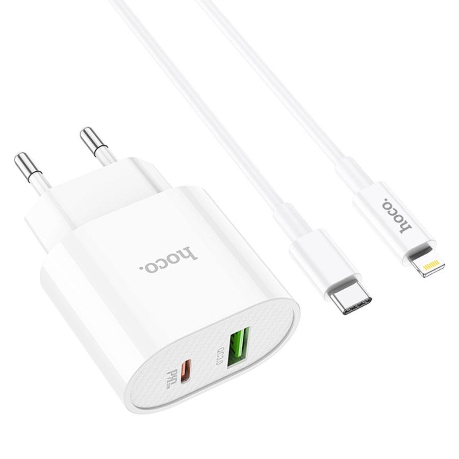 Сетевое зарядное устройство HOCO C95A Lineal 1xUSB + 1xUSB-C с Кабелем Type-C - Lightning, 3A, 20W, белый