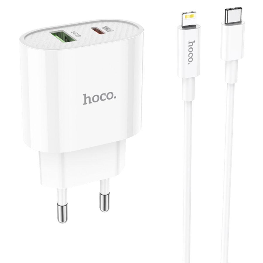 Сетевое зарядное устройство HOCO C95A Lineal 1xUSB + 1xUSB-C с Кабелем Type-C - Lightning, 3A, 20W, белый