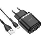 Сетевое зарядное устройство HOCO N4 Aspiring 2xUSB с Кабелем USB - Lightning, 2.4A, 10.8W, черный