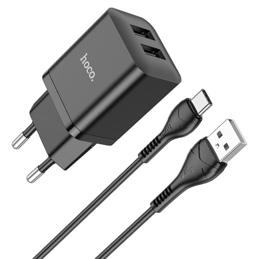 Сетевое зарядное устройство HOCO N25 Maker 2xUSB с Кабелем USB - Type-C, 2.1A, 10W, черный